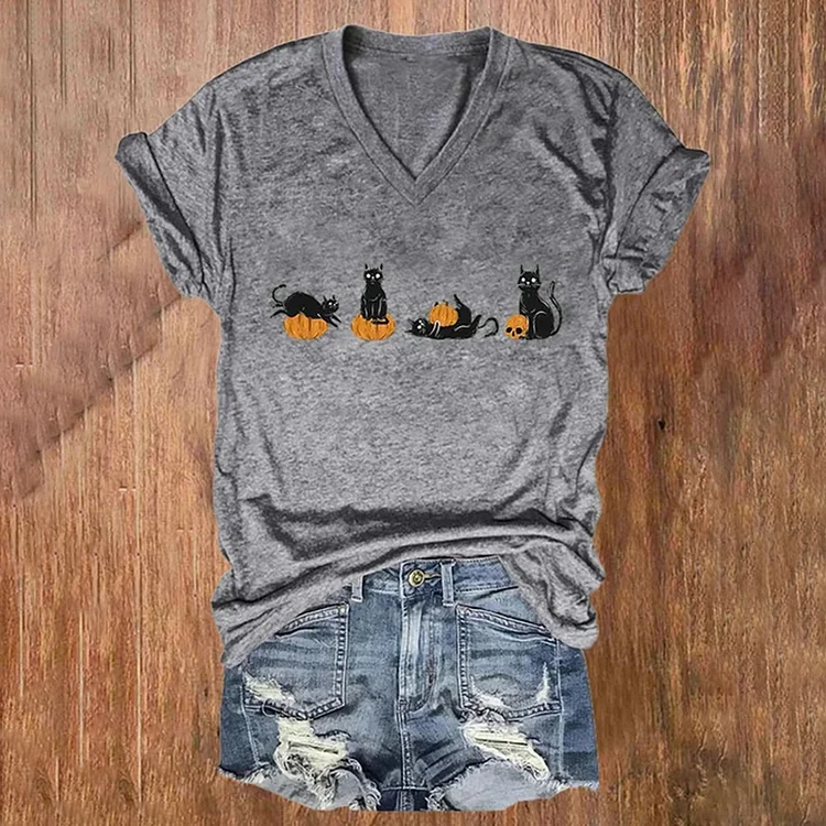 Halloween Pumpkin And Cats Printe Casual T-Shirt