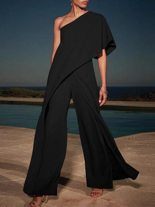 Urban Pure Color Tiered One-Shoulder Wide Leg Jumpsuits