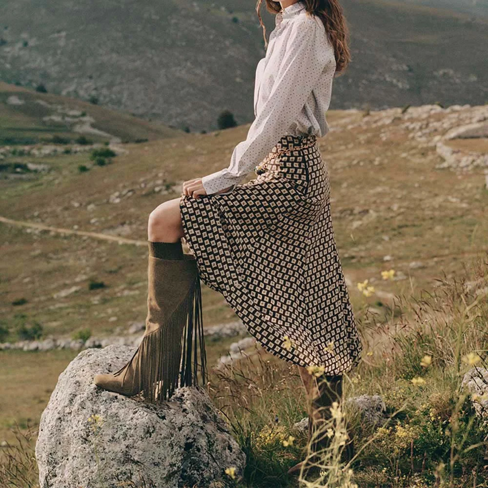 Olive Vegan Suede Square Toe Fringe Side Zipper Tall Boots for Women