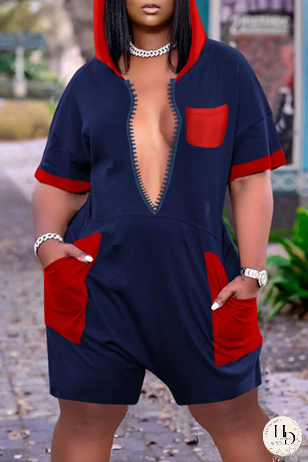 Black Red Fashion Casual Plus Size Solid Split Joint Hooded Collar Short Sleeve Romper