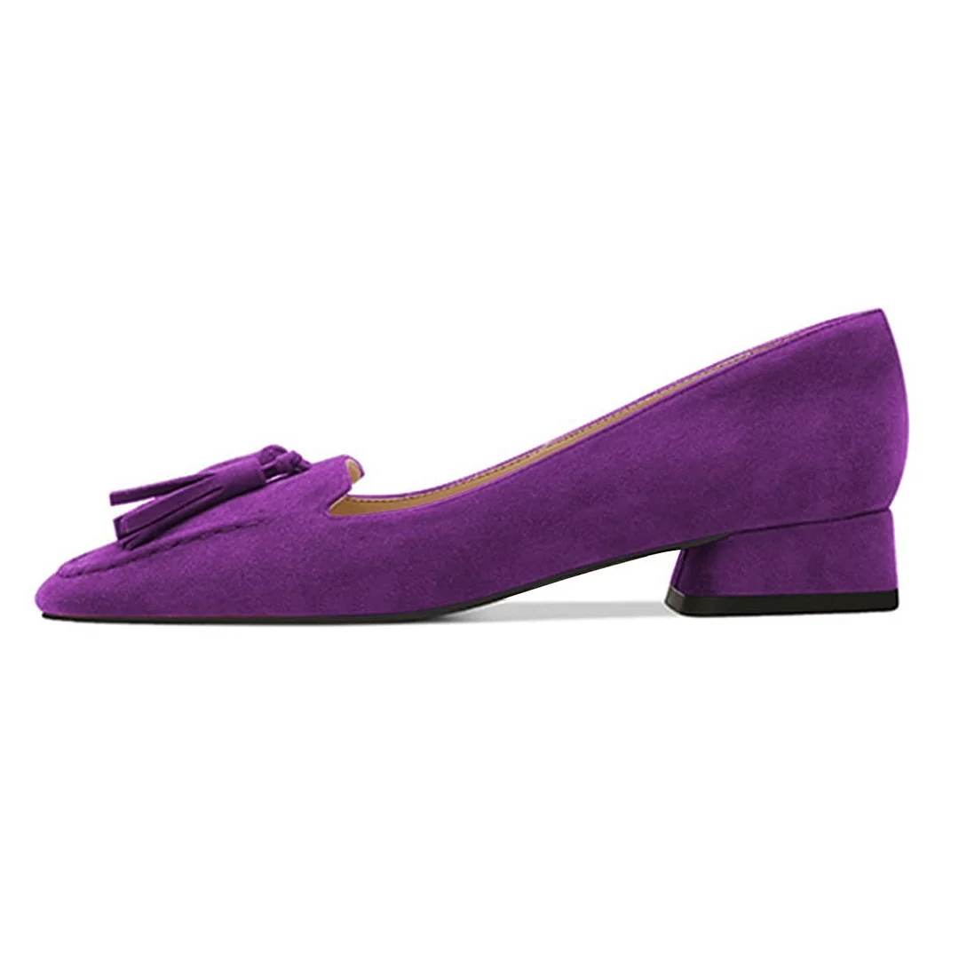Classic Purple Vegan Suede Tassel Decor Square Toe Low Heel Pumps