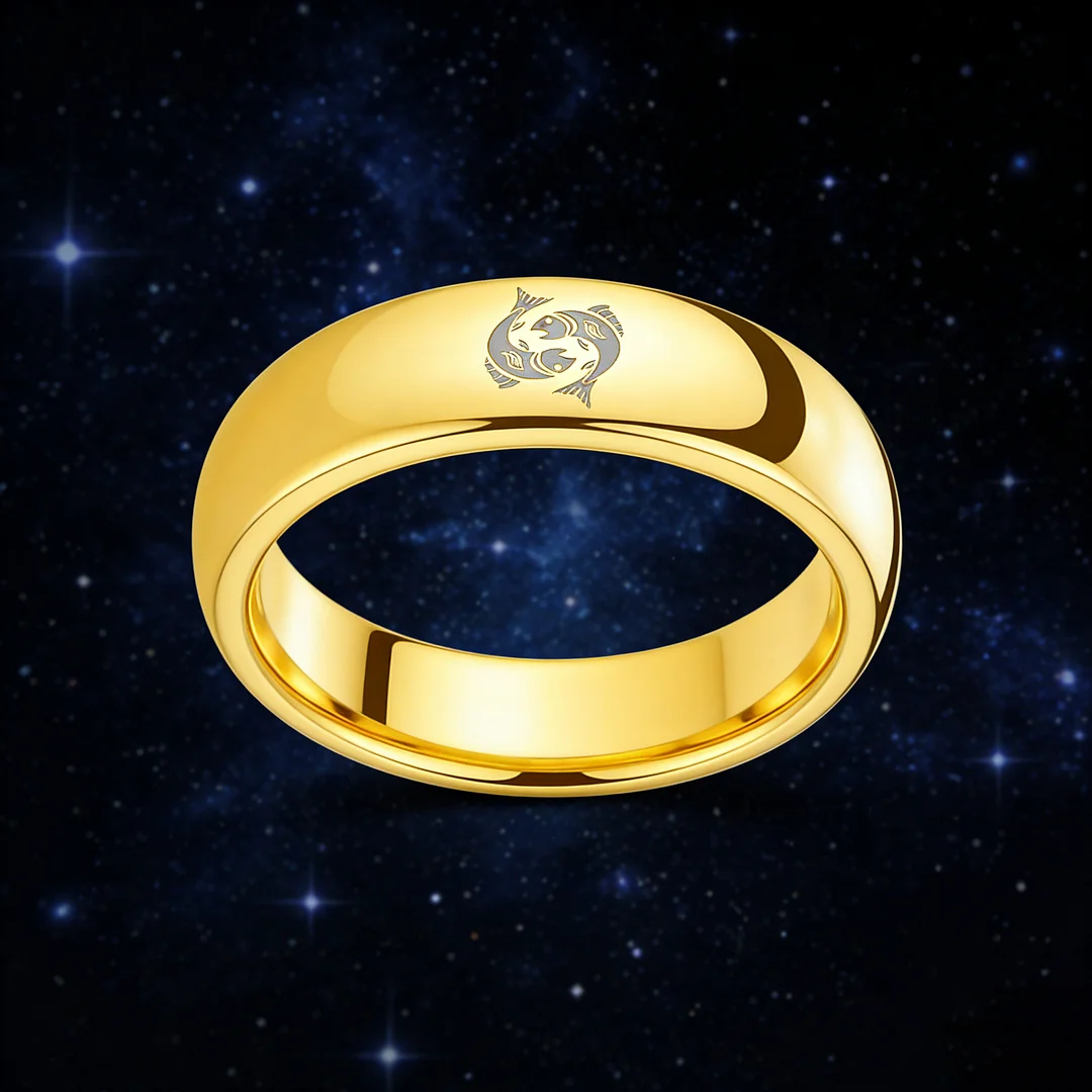 4MM 6MM 8MM Width Gold Pisces Tungsten Carbide Rings Prints Laser Design Domed Top Tungsten Wedding Bands 