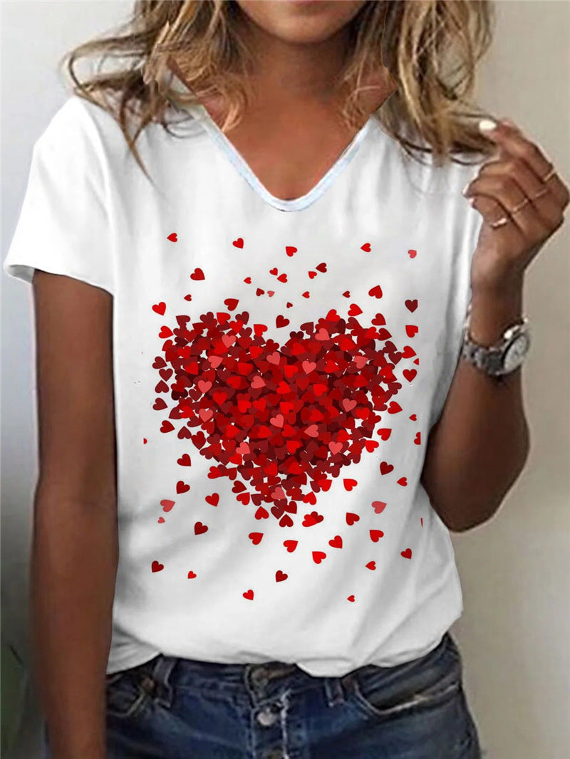 Women's Short Sleeve Round Neck Heart Print T-Shirt Top