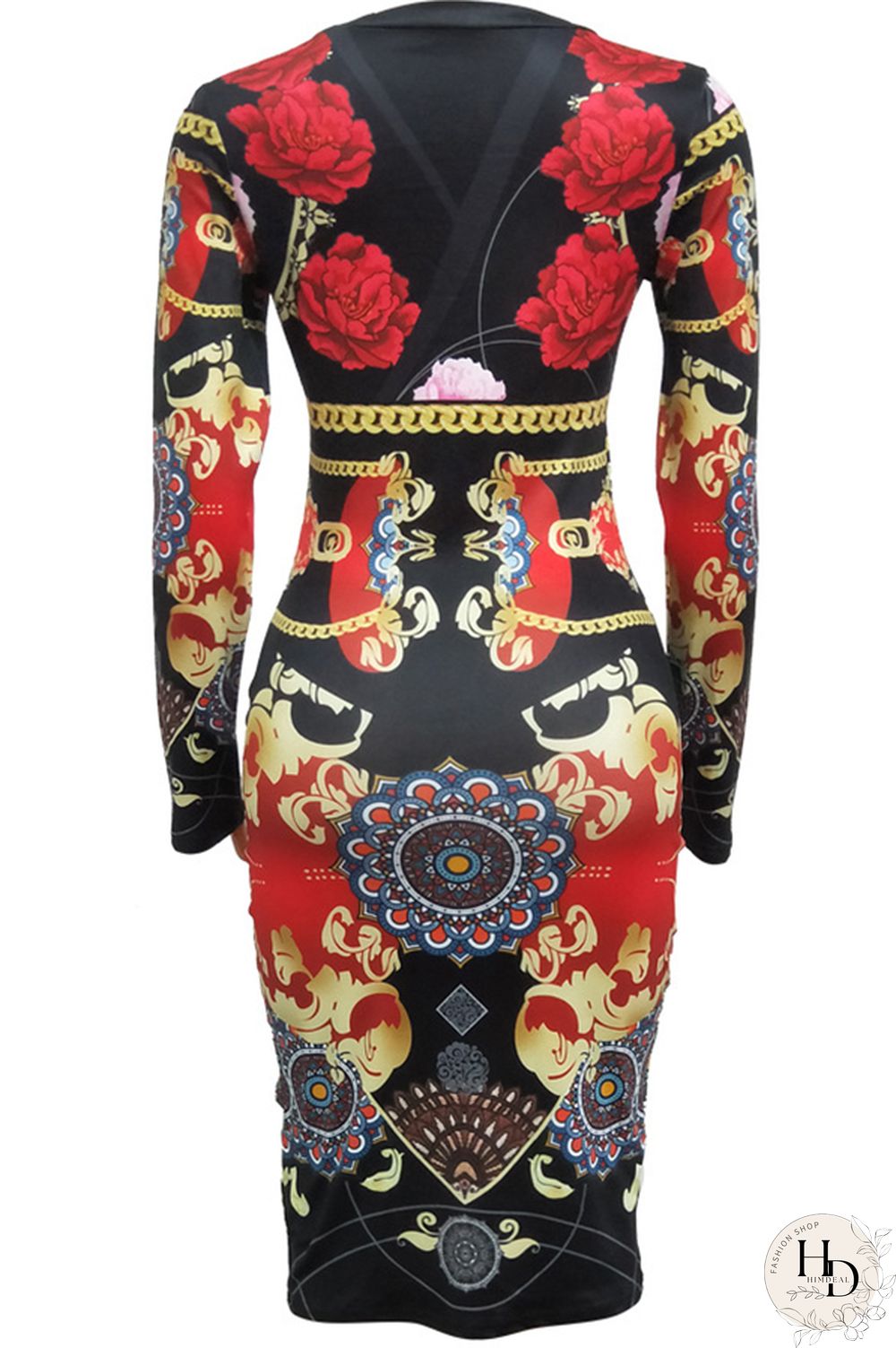 Blue Milk. Europe and America Cap Sleeve Long Sleeves O neck Pencil Dress Mid-Calf Patchwork Print Club