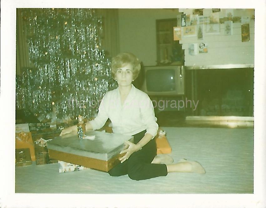 60's 70's Christmas Morning TREE WomanFOUND Photo Poster painting Color Snapshot VINTAGE 03 17 V