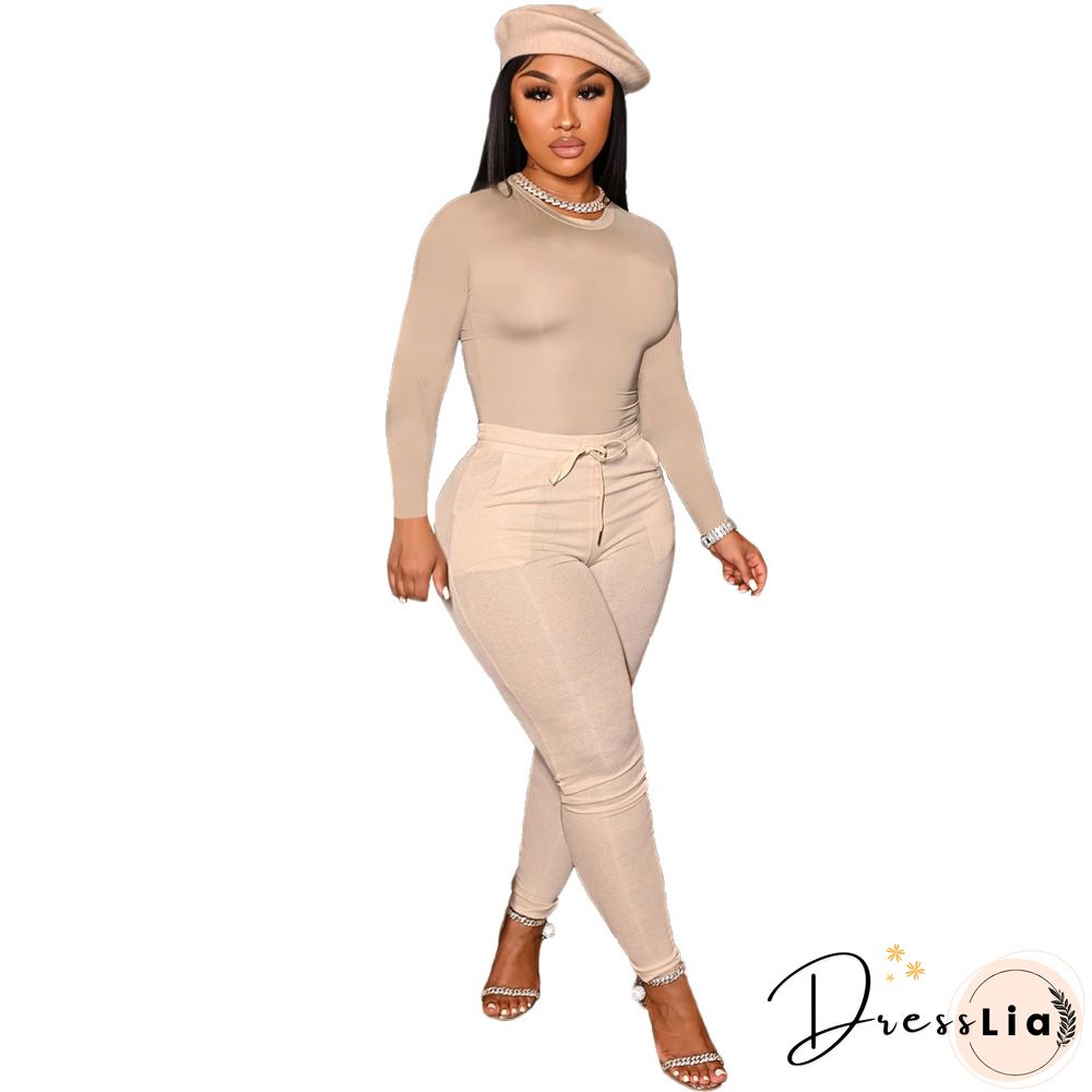 Solid Long Sleeve T Shirt Lace Up Pants Set