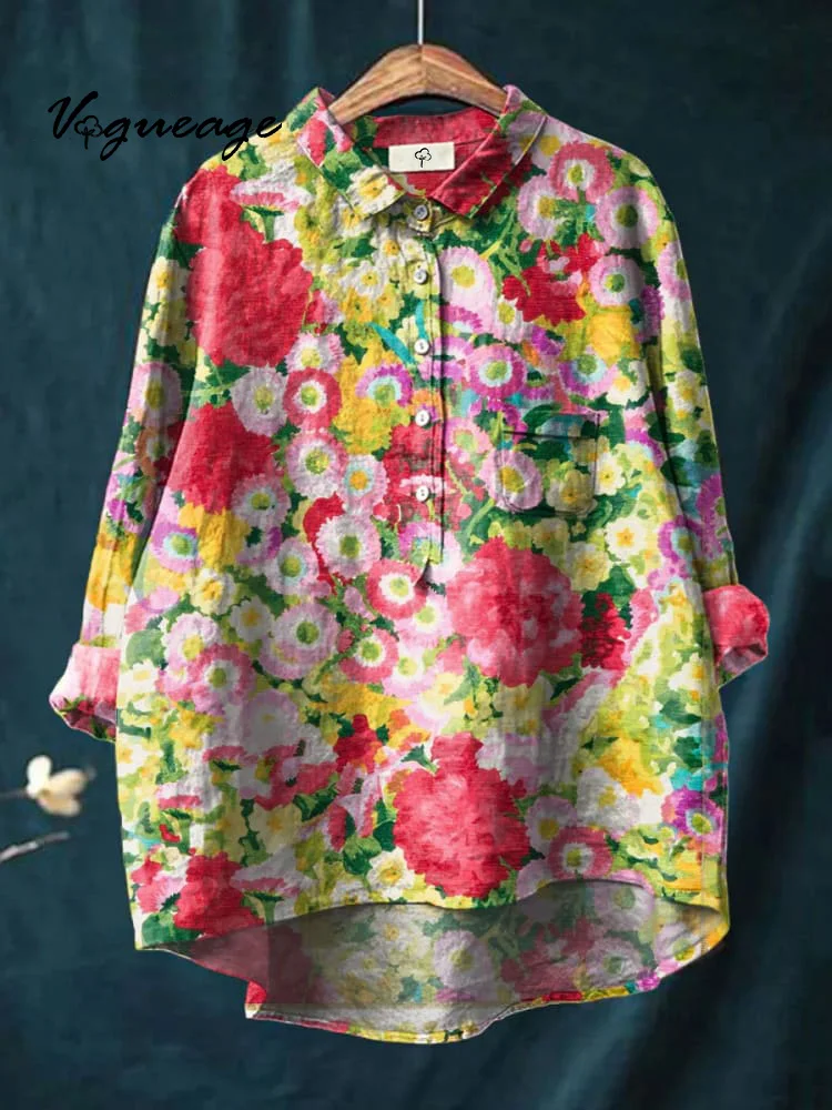 Bright And Colorful Oil Painting With Small Floral Patterns Print Cotton And Linen Shirt
