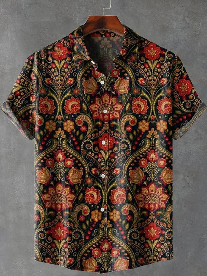 Men's Retro Floral Art Print Casual Short Sleeve Shirt