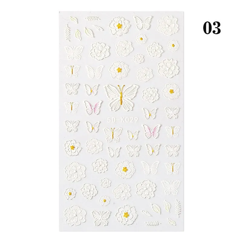 1 Sheet White Embossed Flower Lace Sticker Decal Wedding Nail Art Designs Floral Butterfly Japanese Manicures Nail Decoration
