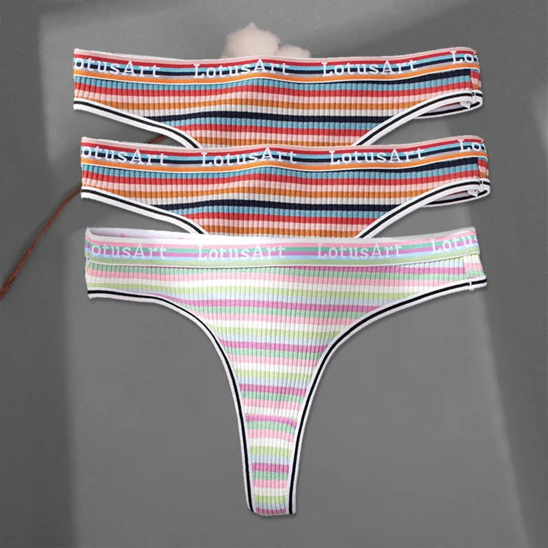 FINETOO 3Pcs/set Women Rainbow Thongs M-XL Cotton Panties Comfortable Striped T-Back Underwear Ladies Soft G-string Lingerie New