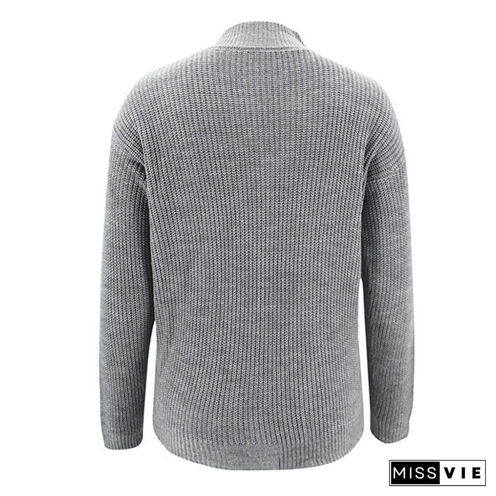 Women Autumn Half High Collar Solid Pullover Elegant Long Sleeve Dropped Shoulder Sleeve Office Lady Hollow Chic Knit Sweater