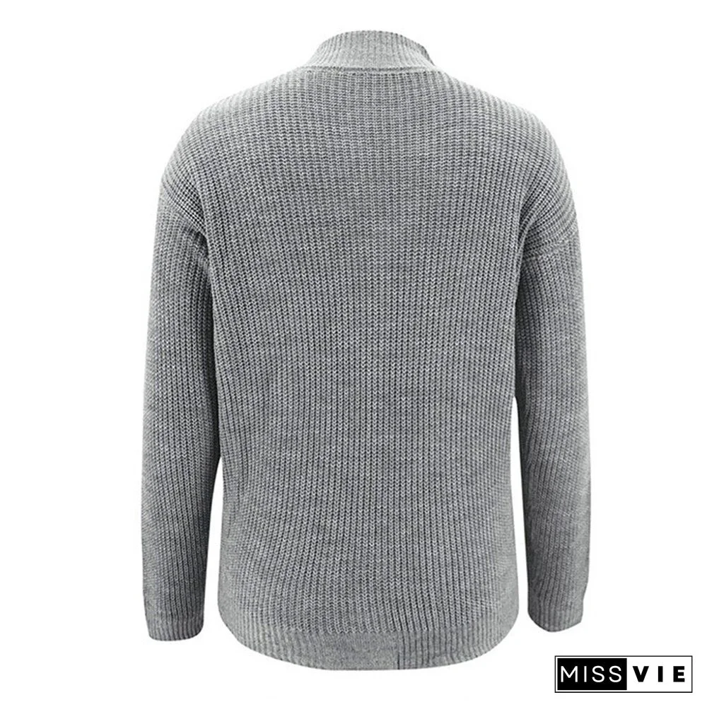 Women Autumn Half High Collar Solid Pullover Elegant Long Sleeve Dropped Shoulder Sleeve Office Lady Hollow Chic Knit Sweater