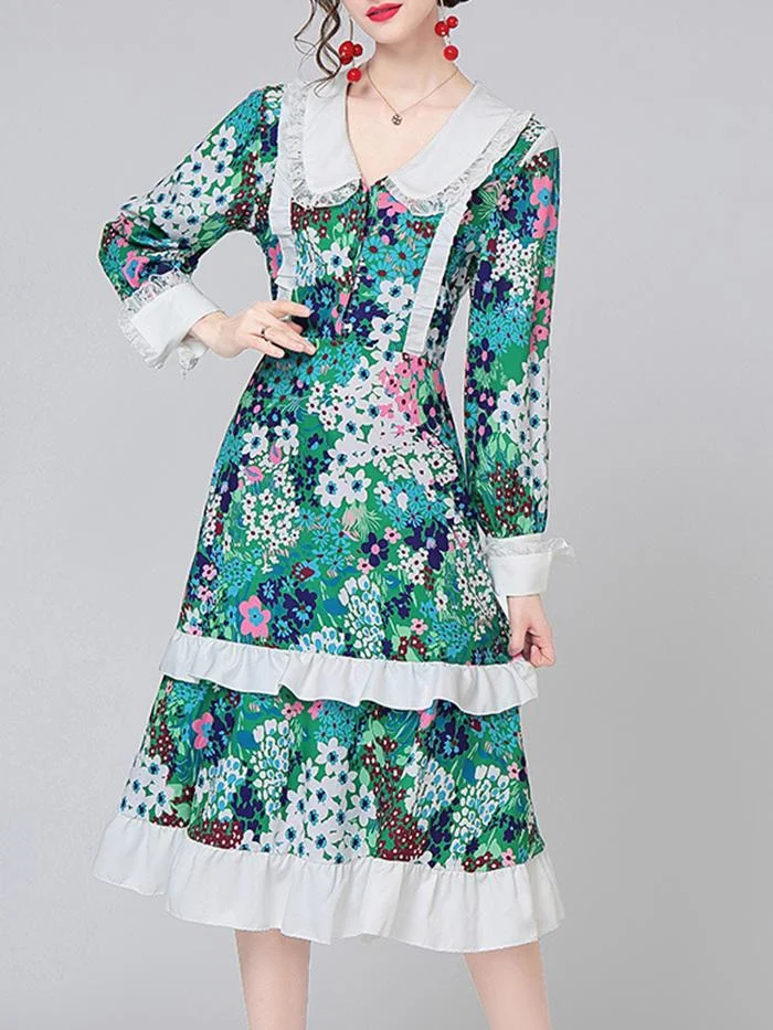 V-neck Women's Lace Doll Collar Fashion Print Dress