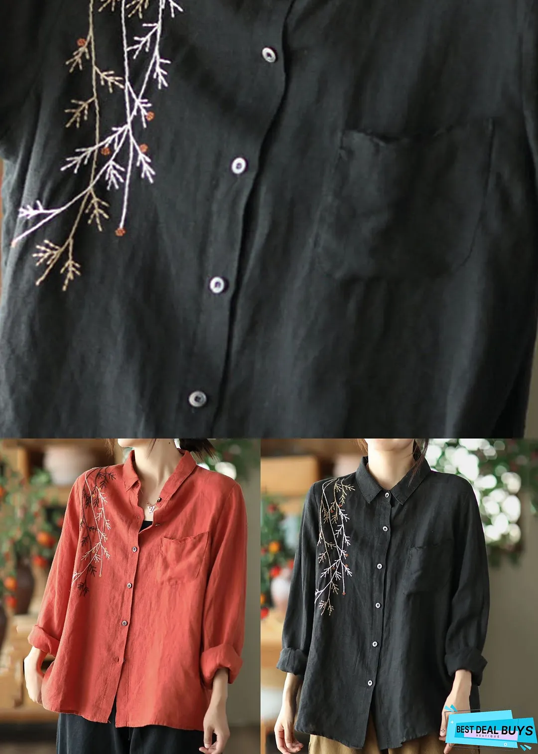 Vintage Red Peter Pan Collar Patchwork Linen Blouses Spring