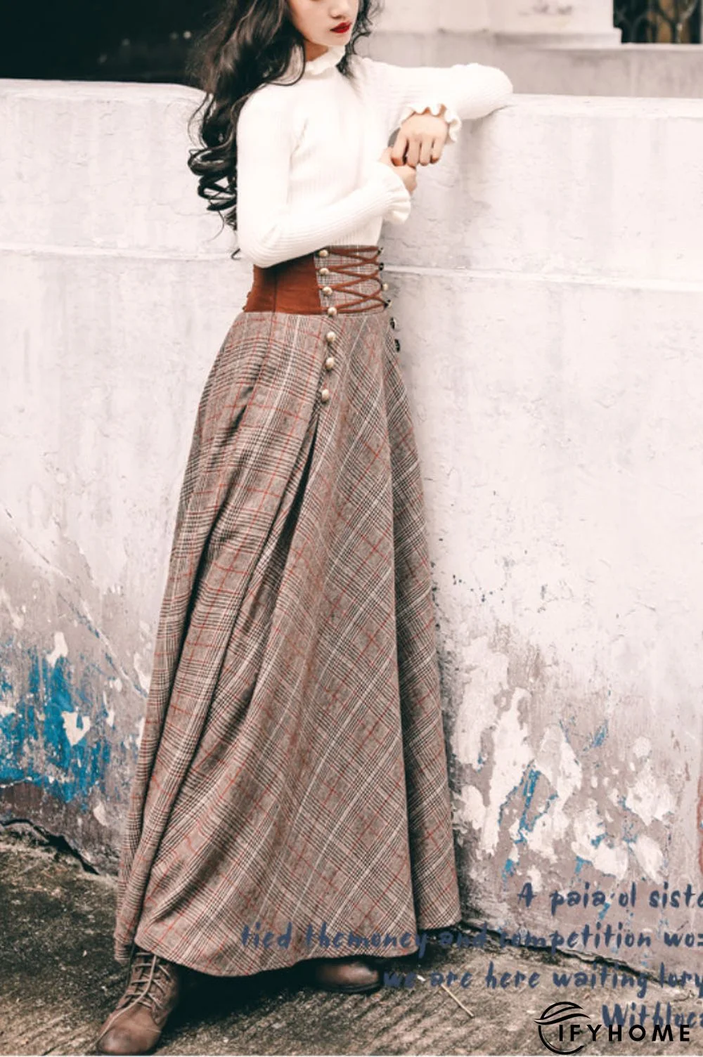 Women Checkered Skirts Vintage High Waisted Button Long Maxi Cotton-Blend Drawstring Skirts | IFYHOME