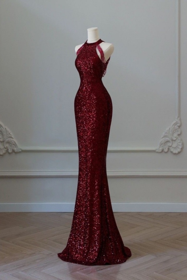 Mermaid Burgundy Sleeveless Gorgeous Sequins Beadings Prom Dress