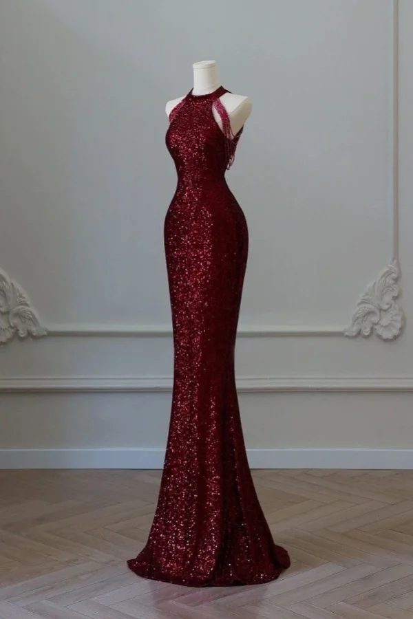 Burgundy Gorgeous Sequins Sleeveless Mermaid Beadings Prom Dress ZT0636