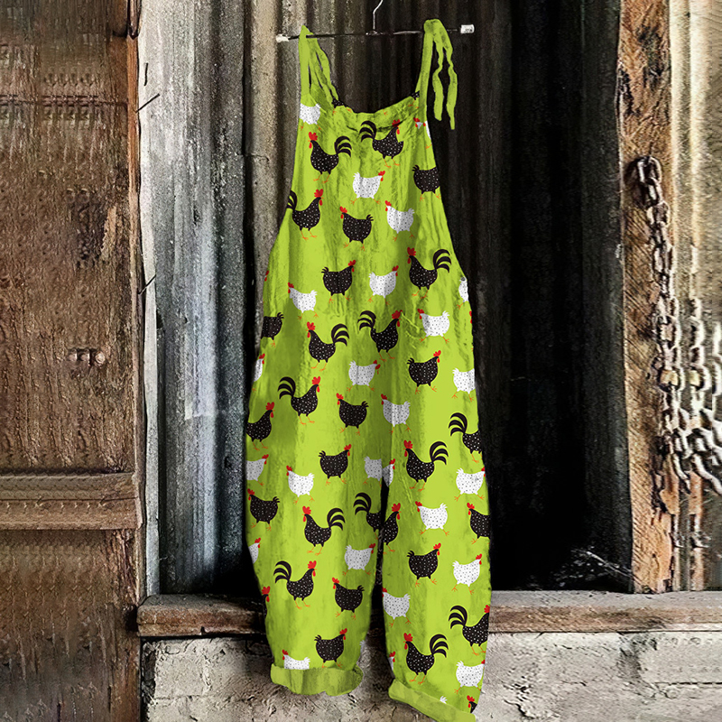 Comstylish Fun Farm Chickens Graphics Linen Blend Casual Jumpsuit
