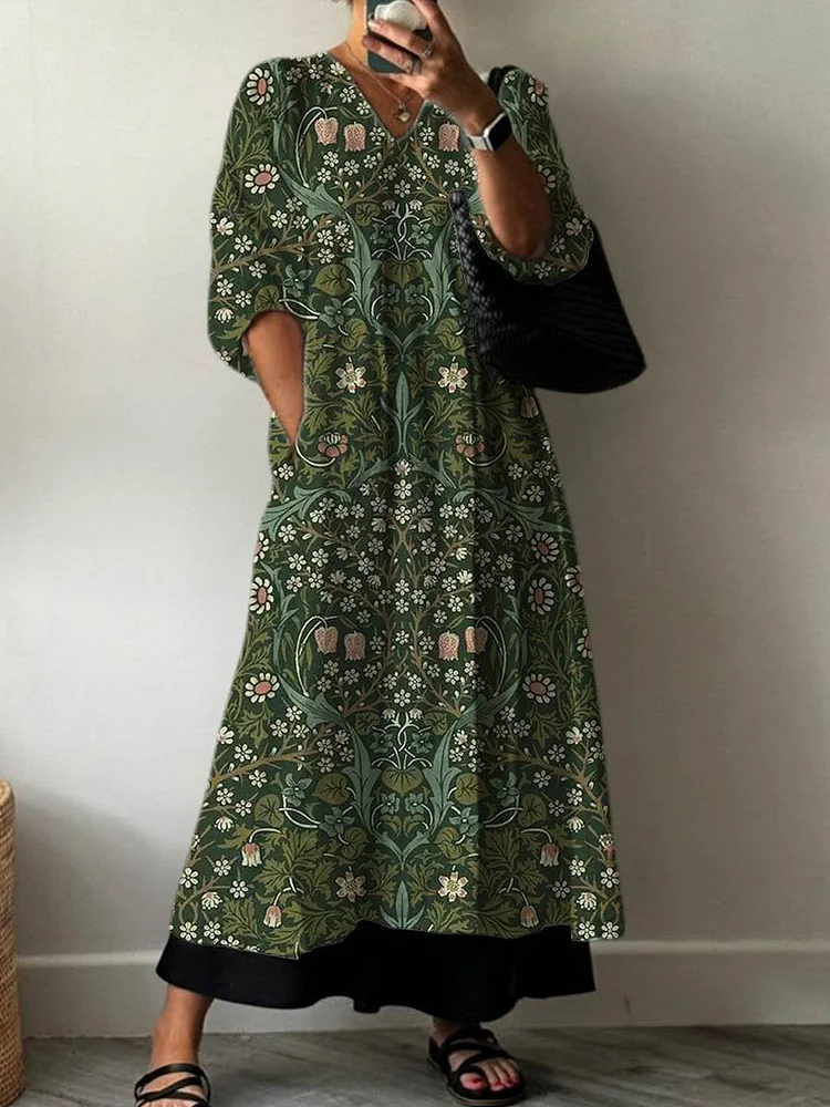 Women's Vintage Lovely Floral Art Print Pocket V-neck Cotton Dress