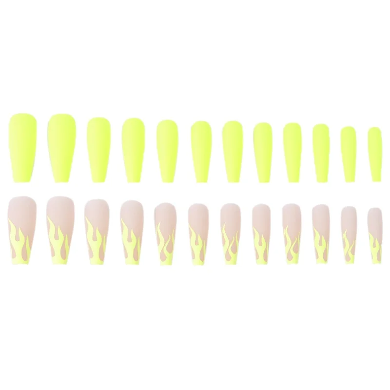 24pcs Press On Nails False Nails with Yellow Fire Pattern Long Coffin Shaped Fake Nails Removable Ballerina Nail DIY Art Tips