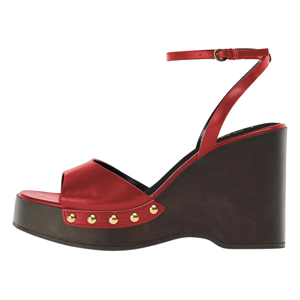 Open Square Toe Ankle Strap Studded Platform Heel Sandals in Red