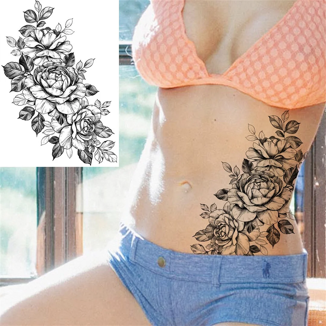 Rose Peony Temporary Tattoos For Women Girls Black Flower Tattoo Sticker Blossom Floral Fake Disposable Beauty Large Tatoo Thigh