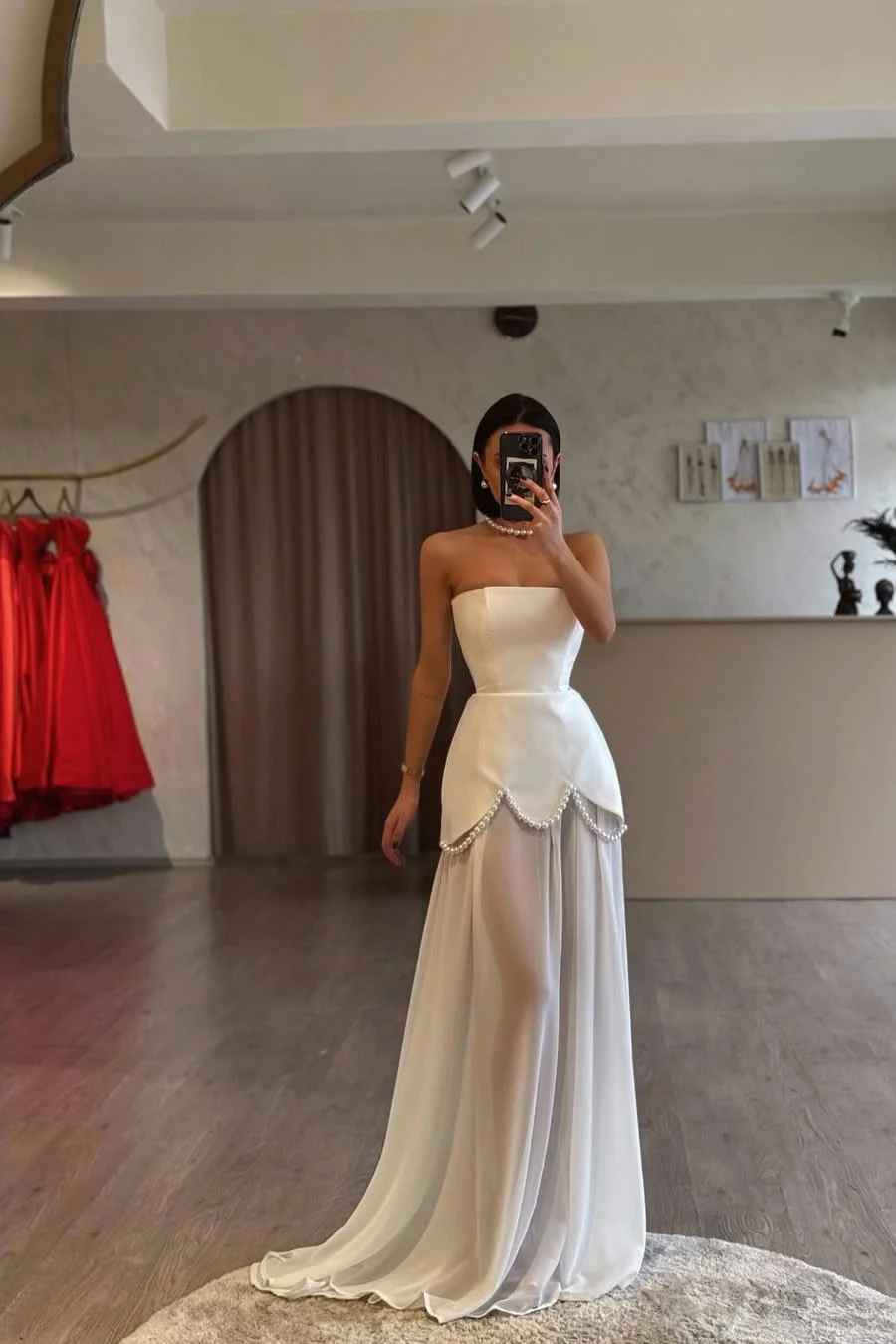 Miabel Glamorous White Satin Sleeveless Strapless Long Pleated Prom Dress with Beadings 