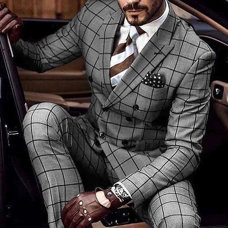 BrosWear Men's  Fashion Plaid Suit And Pants Two Piece Set