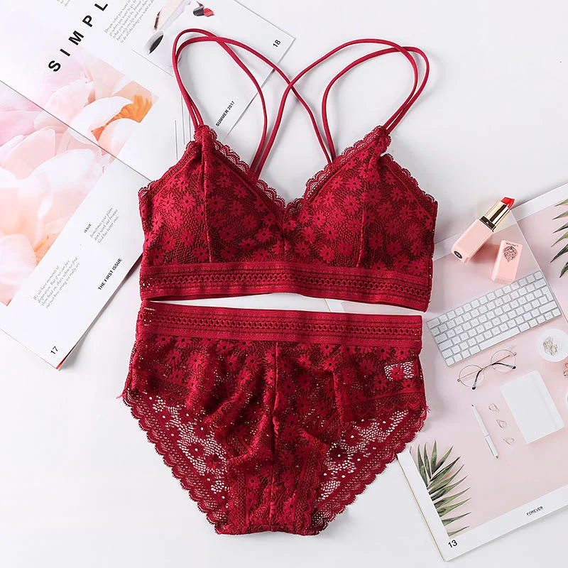 French style sexy ladies lace pierced steel sports bra beauty back wrapped chest comfortable stretch bra triangle cup underwear