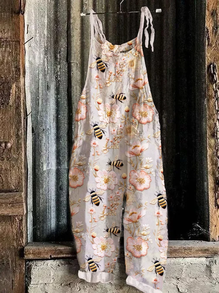 VChics Bee & Flower Embroidered Linen Blend Jumpsuit