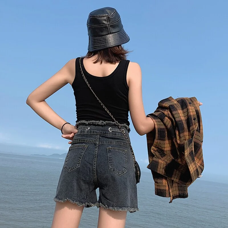 FTLZZ New Summer Women High Waist Hole Blue Denim Shorts Casual Female Single Breasted Jeans Vintage Ladies Shorts