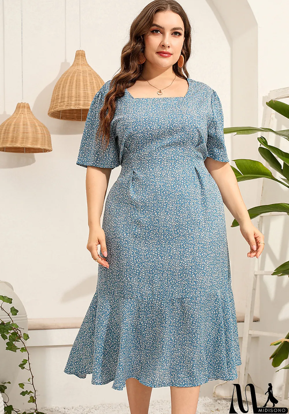 MidiSono - Summer Plus Size Women Square Neck Short Sleeve Floral Mermaid Dress