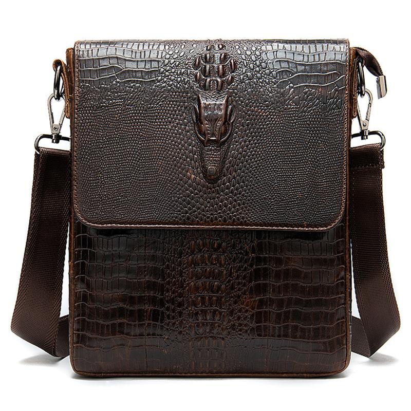 Foldover Top Detachable Sling Strap Crocodile Textured Genuine Leather Messenger Bag