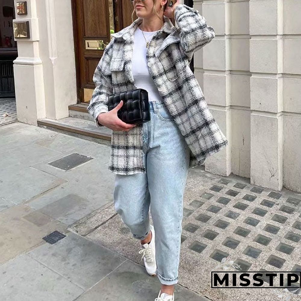 Classic Thick Colorblock Checked Button Down Shirt Jacket Woolen