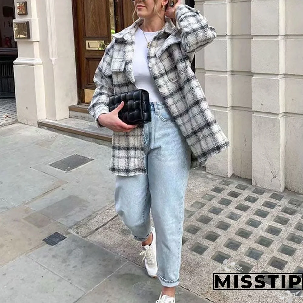 Classic Thick Colorblock Checked Button Down Shirt Jacket Woolen