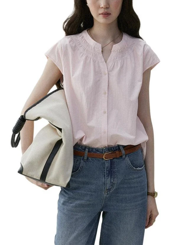 Athvotar Athvotar Round Collar Small Flying Sleeve Commuting Shirt Women 25 Summer French Loose Pressure Fold Design Sense Casual Good-Looking Top
