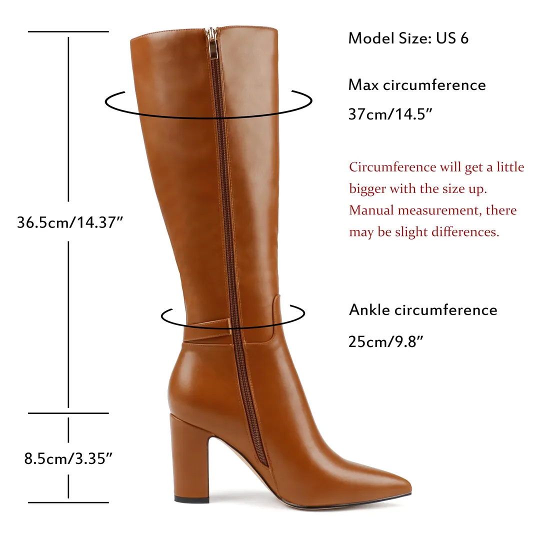 85mm/3.35 inch Women's matte high heel pointed toe buckle style casual zipper knee high boots-vocosishoes