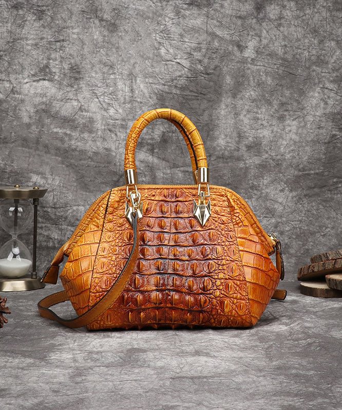 Beautiful Yellow Crocodile pattern Paitings Calf Leather Satchel Handbag CK242- Fabulory