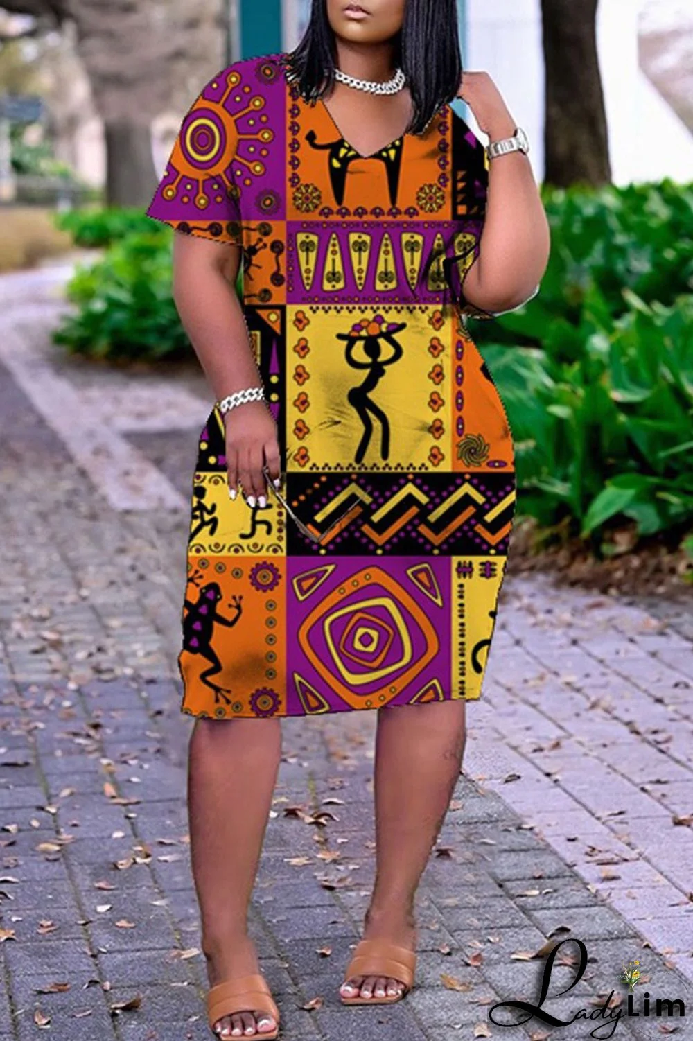 Purple Yellow Casual Print Split Joint V Neck Straight Dresses