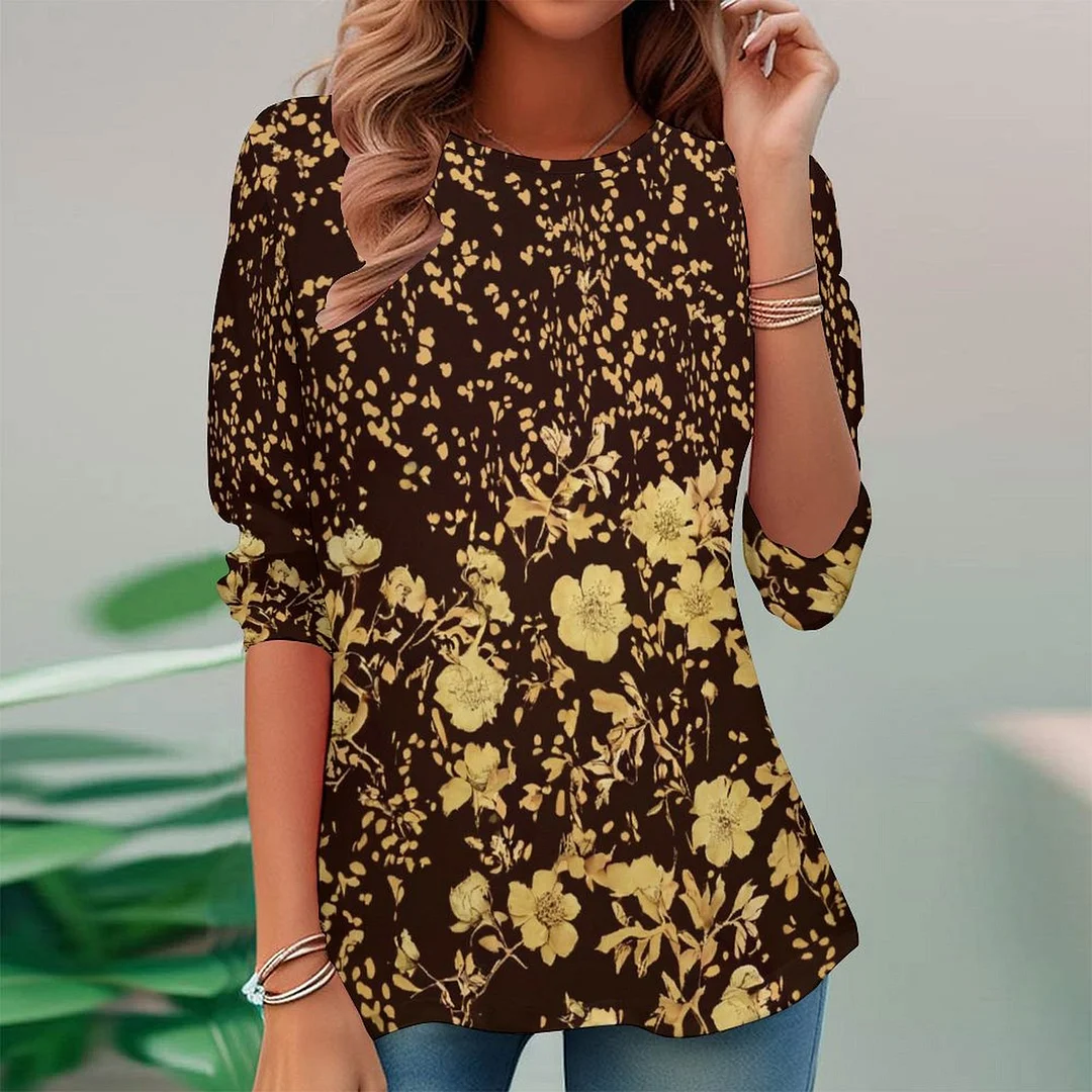 Vintage Printed Long Sleeve Plus Size Tunic for  Women and Men Unisex Pattern Black,Khaki,Floral