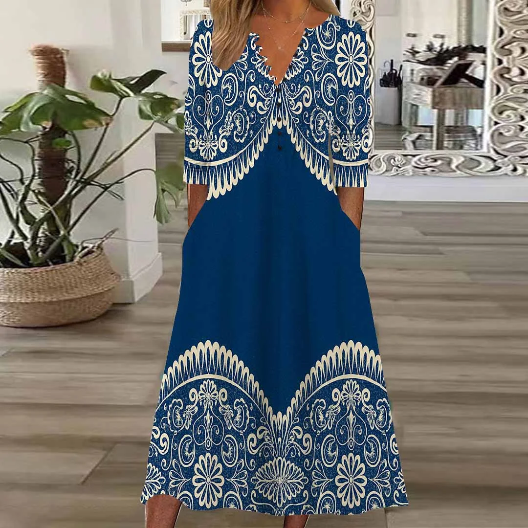 Women Graphic,Blue DZHB8292 Long Sleeve V-Neck Graphic Printed Midi Dress