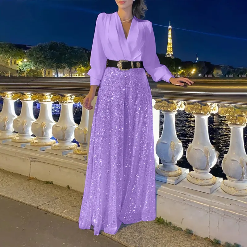 Uveng Uveng Buy Through The New Fashion V-Neck Long-Sleeved Shirt Temperament Elegant Waist Display Thin Bright Leg Pants