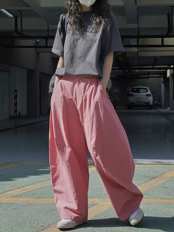 Buttoned Pockets Solid Color Split-Joint Loose Wide Leg Cropped Trousers Capri-Pants