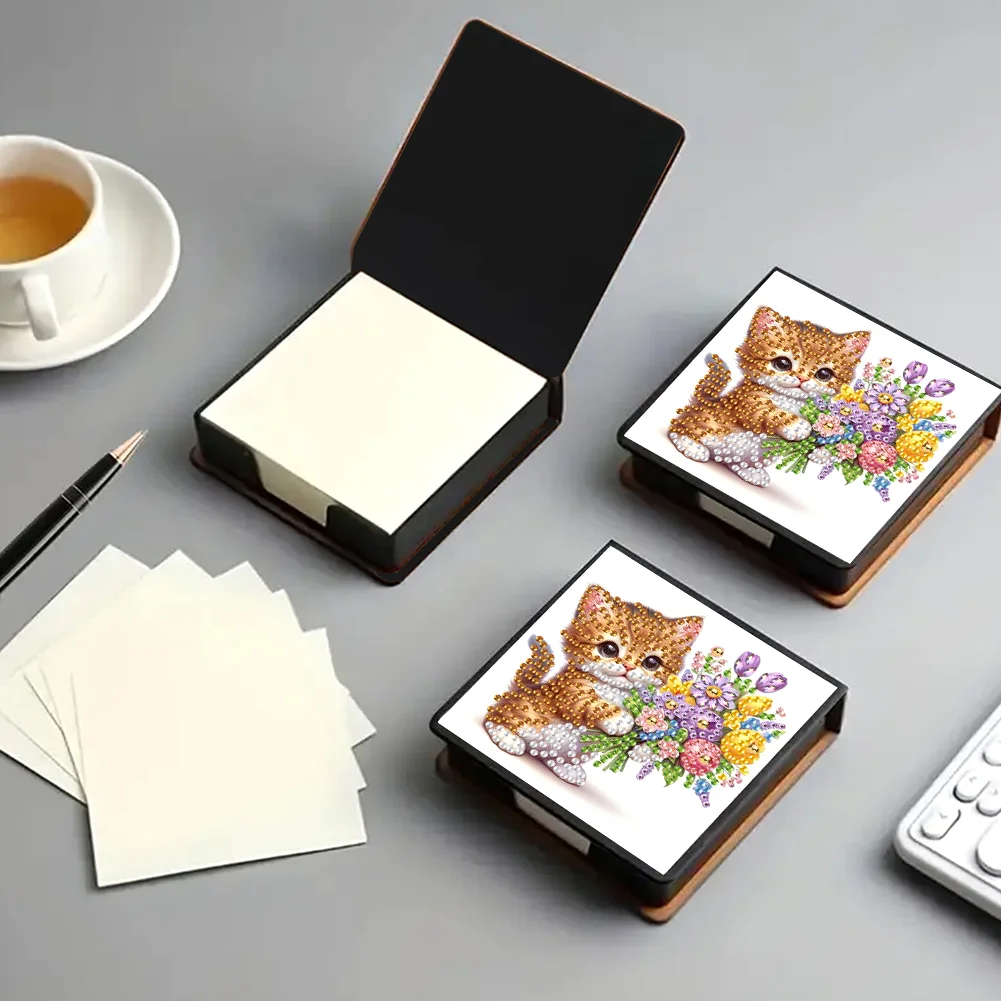 PU Cat Flower Diamond Painting Notecard Box with 160 Sheets of Paper