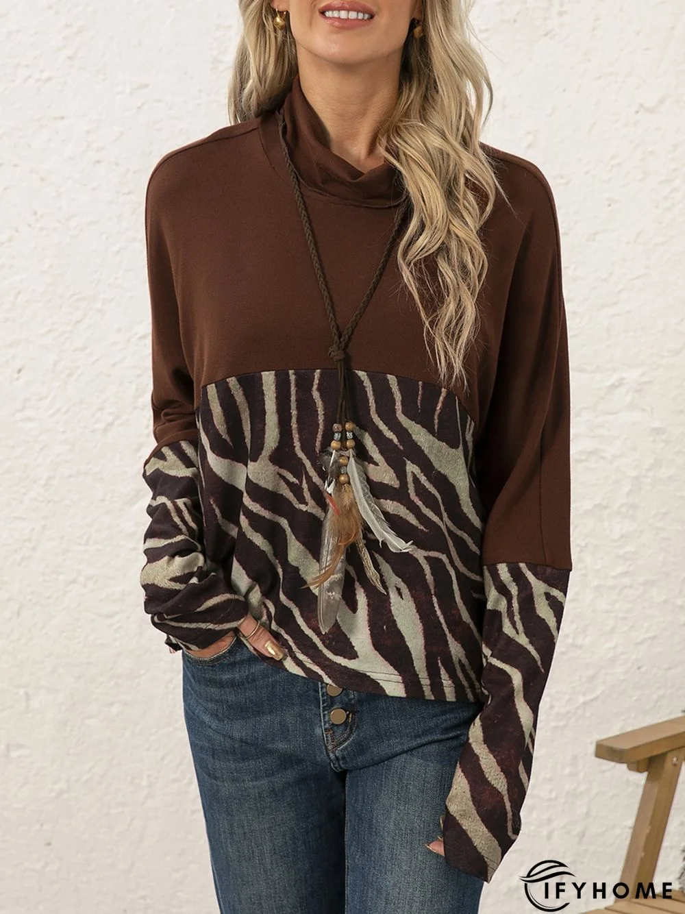 Coffee Zebra Floral-Print Vintage Long Sleeve T-shirt | IFYHOME