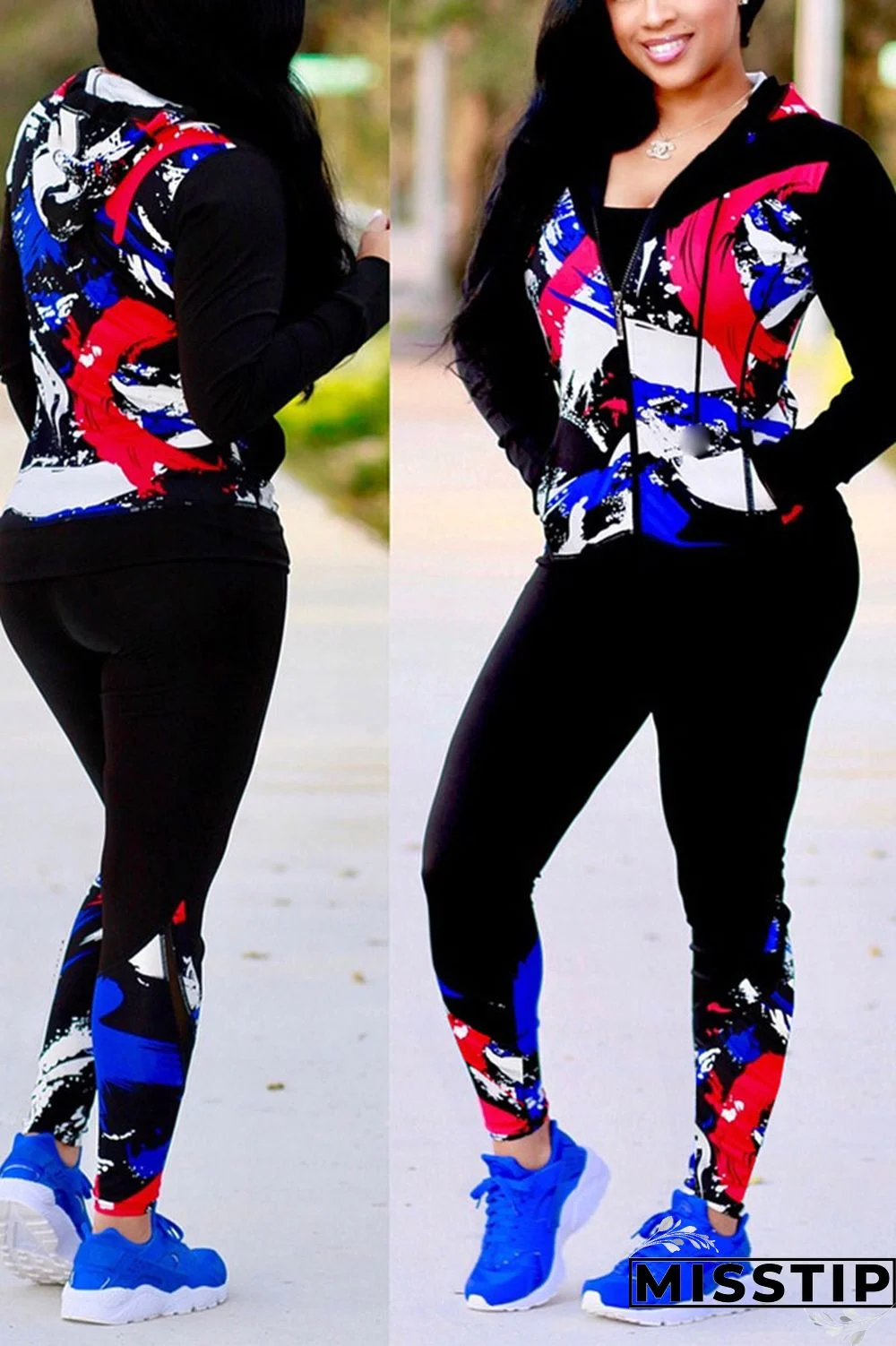 Red Blue Sexy Print Patchwork Hooded Collar Long Sleeve Two Pieces