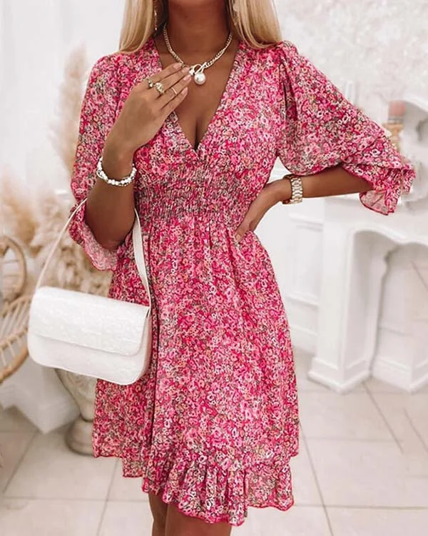 Bohemian Print Short Sleeve Floral Dress