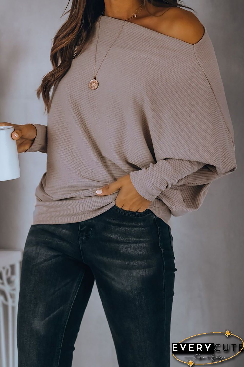 Off Shoulder Ribbed Texture Raglan Long Sleeve Top