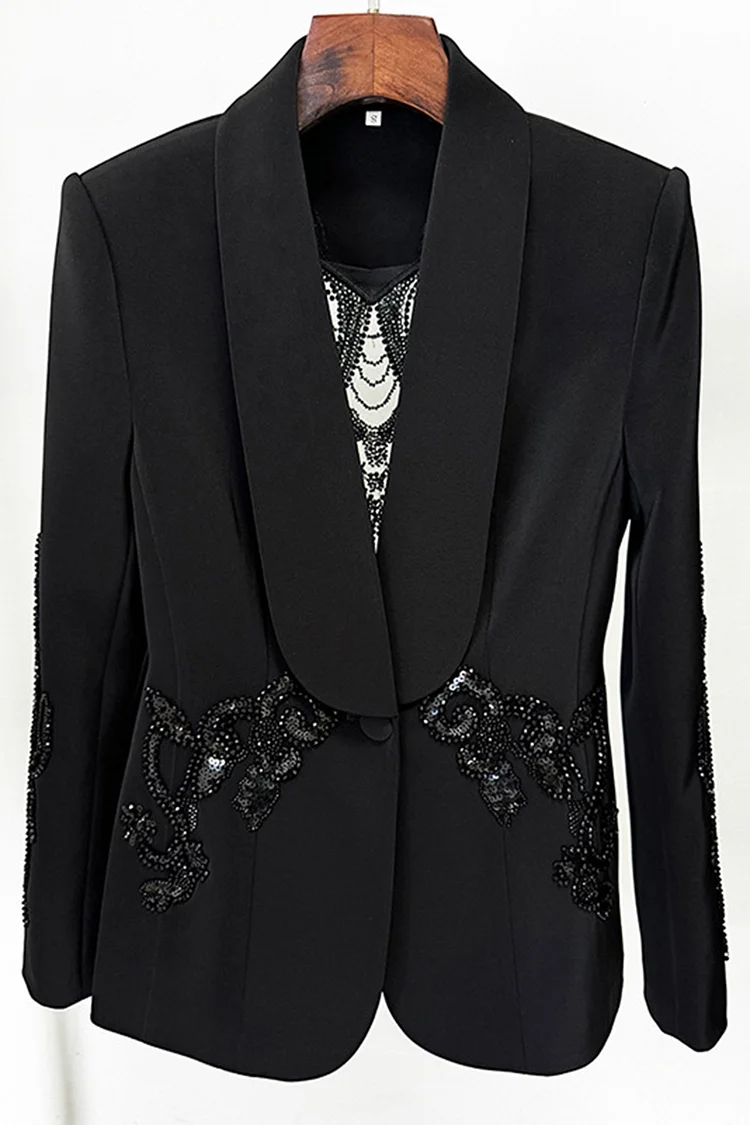 Hollow Out Back Sequin Beaded Chiffon Two Piece Pant Suit-Black