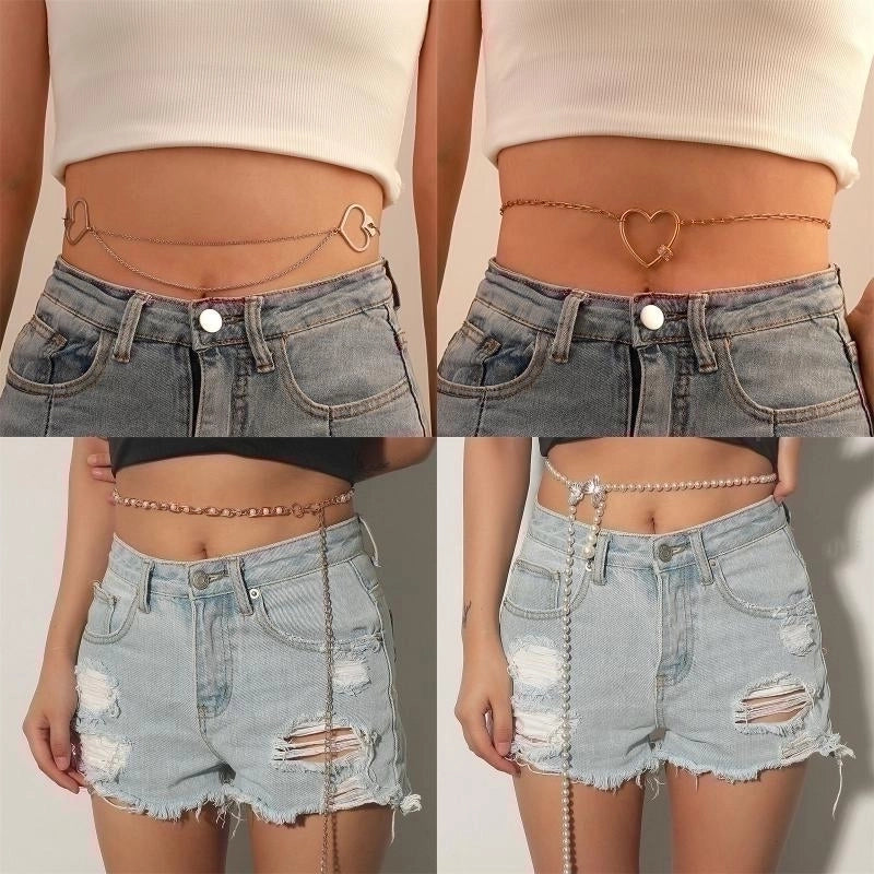 Hawaiian Lady Shiny Heart Shape Flower Stainless Steel Copper Metal Buckle Beaded Chain Zircon Women’S Chain Belts